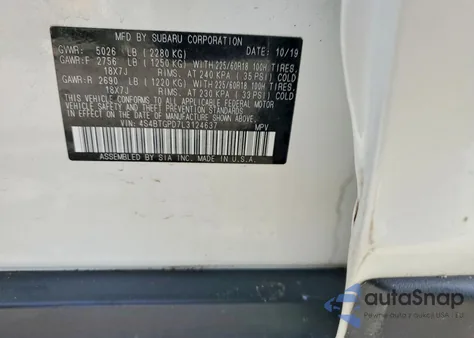 2020 Subaru Outback Touring Ldl z USA, uszkodzony, nr VIN 4S4BTGPD7L3124637